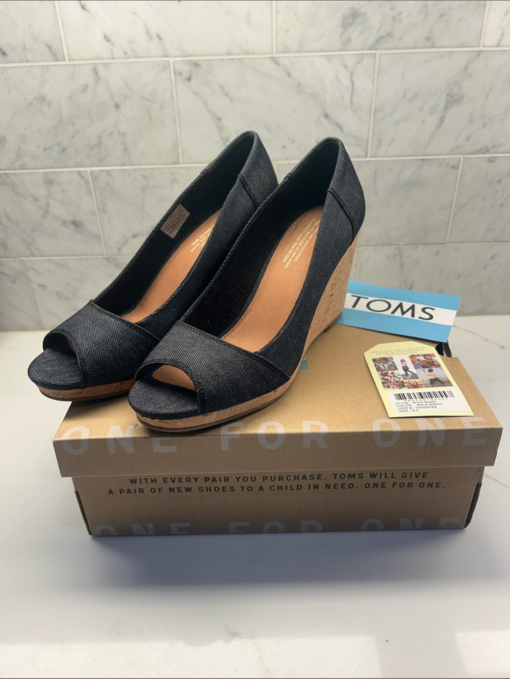TOMS Black Denim Peep-Toe Cork Wedge